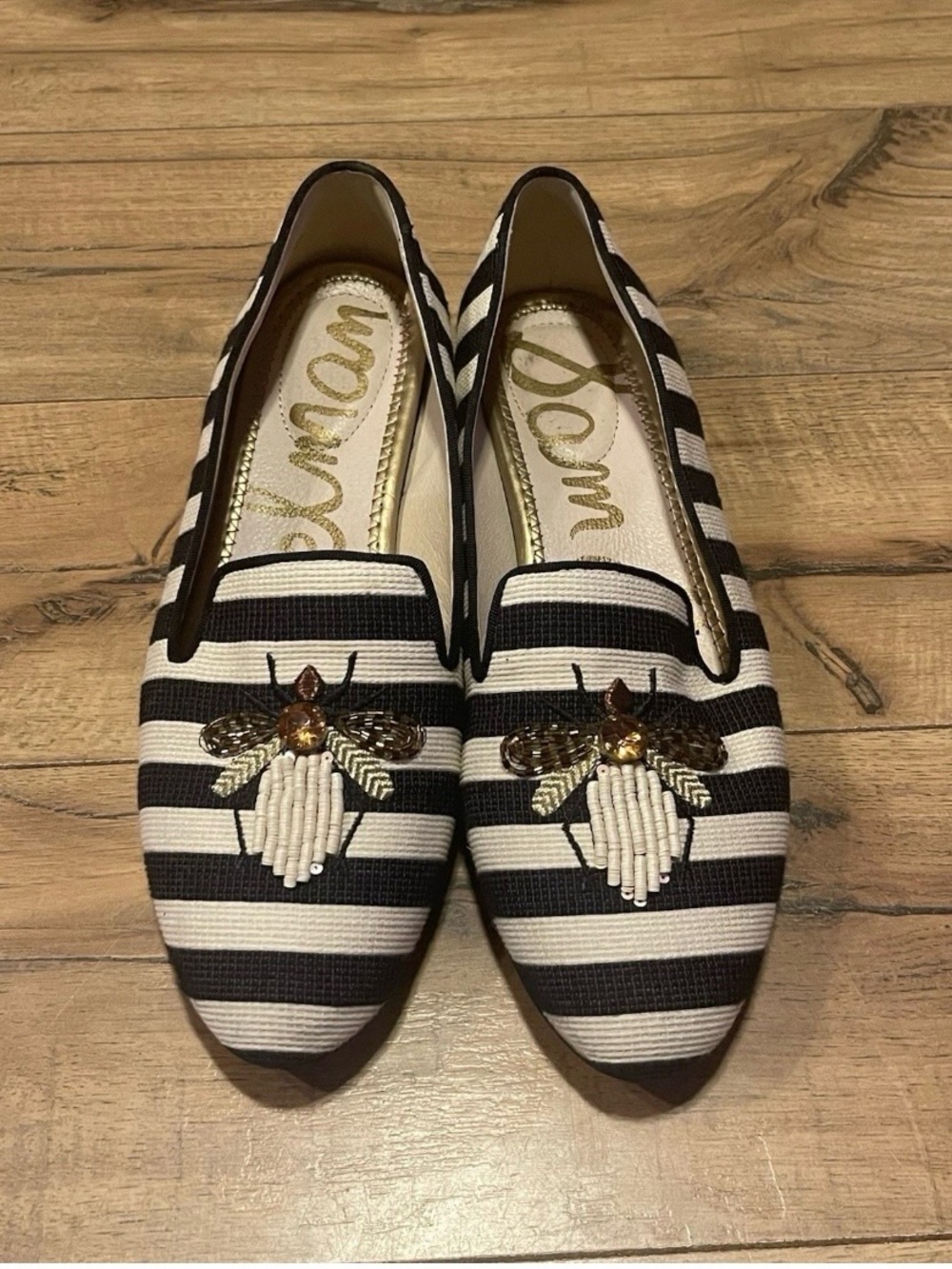 Sam Edelman Black & White Striped Bee Embellished Loafers